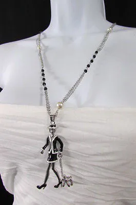 Silver Metal Chains Big Walking Dog Pendant 60'S Lady Necklace