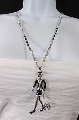 Silver Metal Chains Big Walking Dog Pendant 60'S Lady Necklace