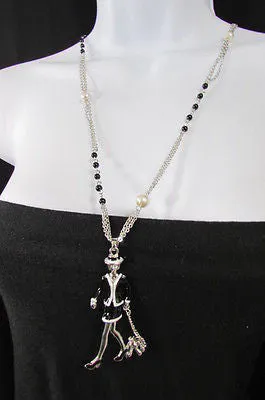 Silver Metal Chains Big Walking Dog Pendant 60'S Lady Necklace