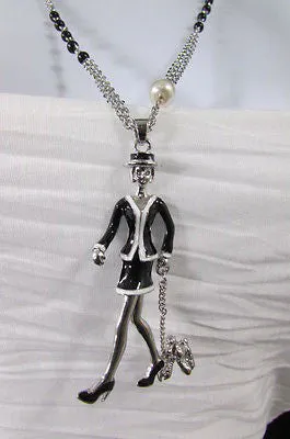 Silver Metal Chains Big Walking Dog Pendant 60'S Lady Necklace