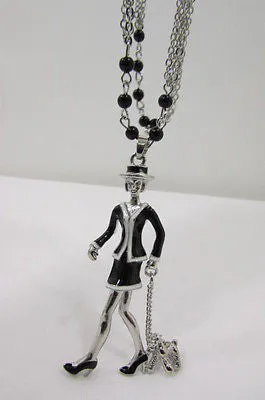 Silver Metal Chains Big Walking Dog Pendant 60'S Lady Necklace