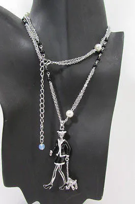 Silver Metal Chains Big Walking Dog Pendant 60'S Lady Necklace