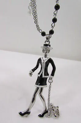 Silver Metal Chains Big Walking Dog Pendant 60'S Lady Necklace