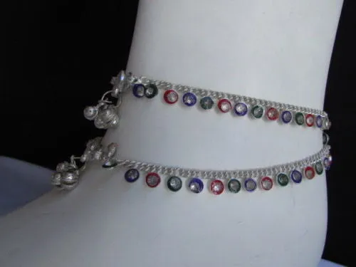 Silver Metal Chains Foot Rhinestones 2 Rows Charm Anklet Jewelry Accessories