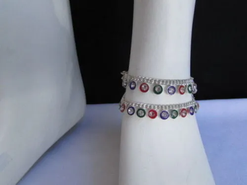 Silver Metal Chains Foot Rhinestones 2 Rows Charm Anklet Jewelry Accessories