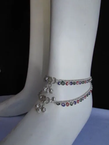 Silver Metal Chains Foot Rhinestones 2 Rows Charm Anklet Jewelry Accessories