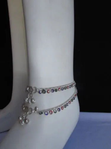 Silver Metal Chains Foot Rhinestones 2 Rows Charm Anklet Jewelry Accessories