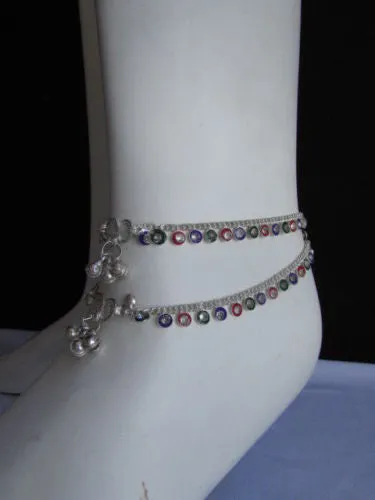 Silver Metal Chains Foot Rhinestones 2 Rows Charm Anklet Jewelry Accessories