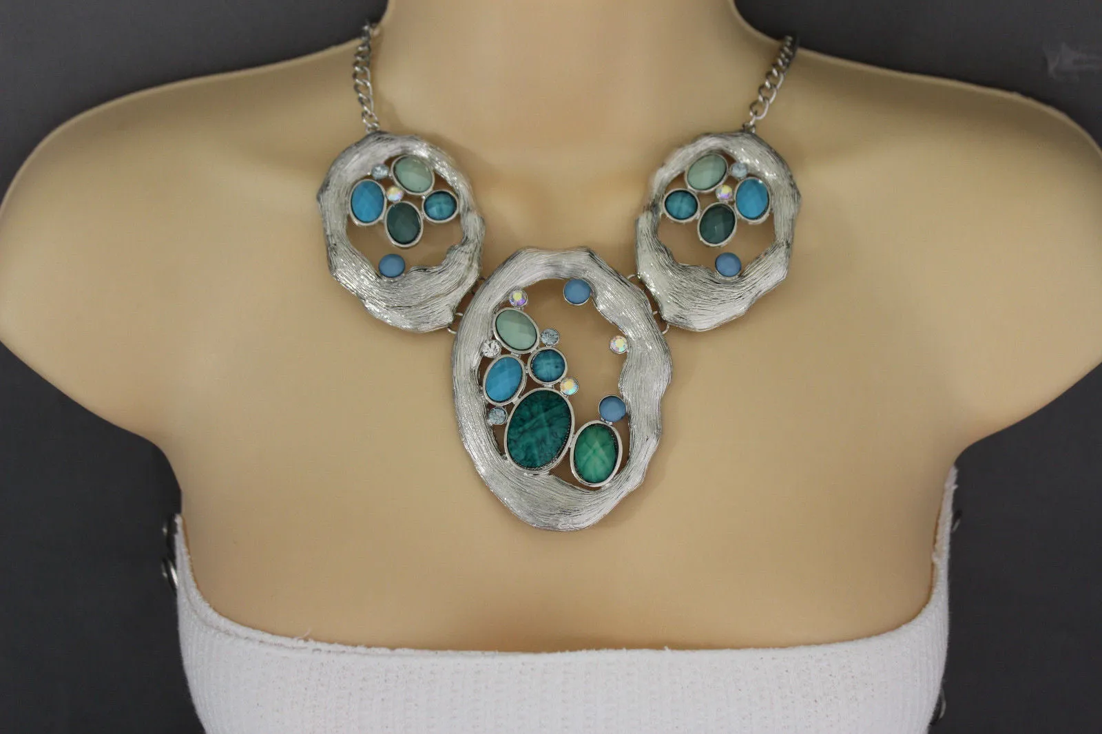 Silver Metal Chains Nautical Charms Turquoise Blue Beads Necklace Earrings Set