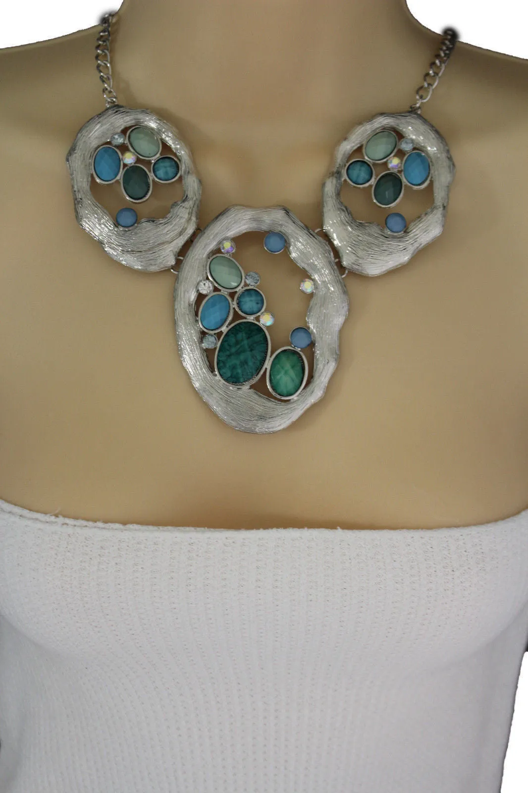Silver Metal Chains Nautical Charms Turquoise Blue Beads Necklace Earrings Set