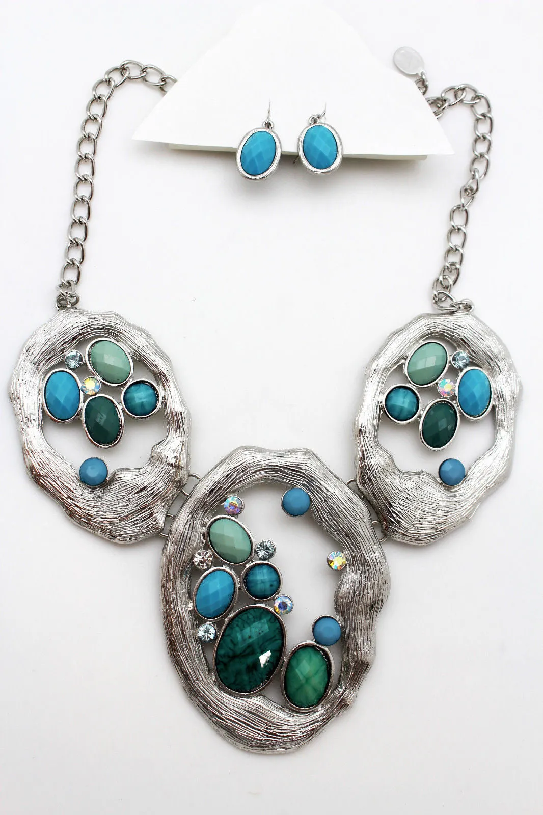 Silver Metal Chains Nautical Charms Turquoise Blue Beads Necklace Earrings Set
