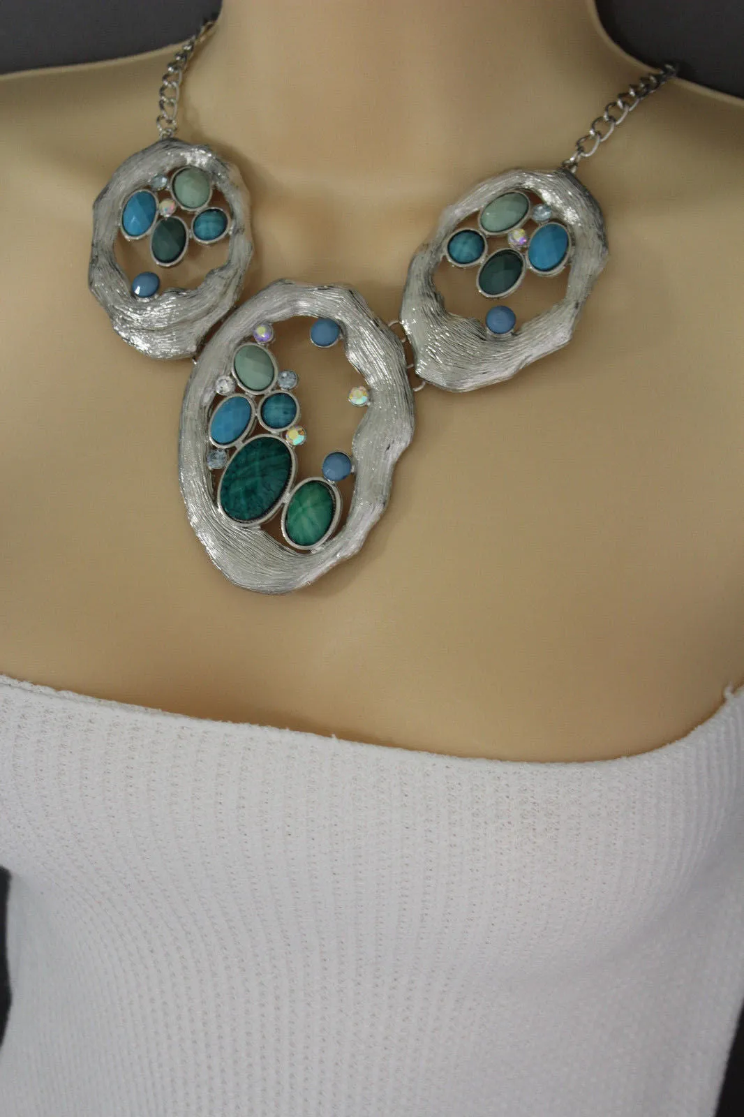 Silver Metal Chains Nautical Charms Turquoise Blue Beads Necklace Earrings Set