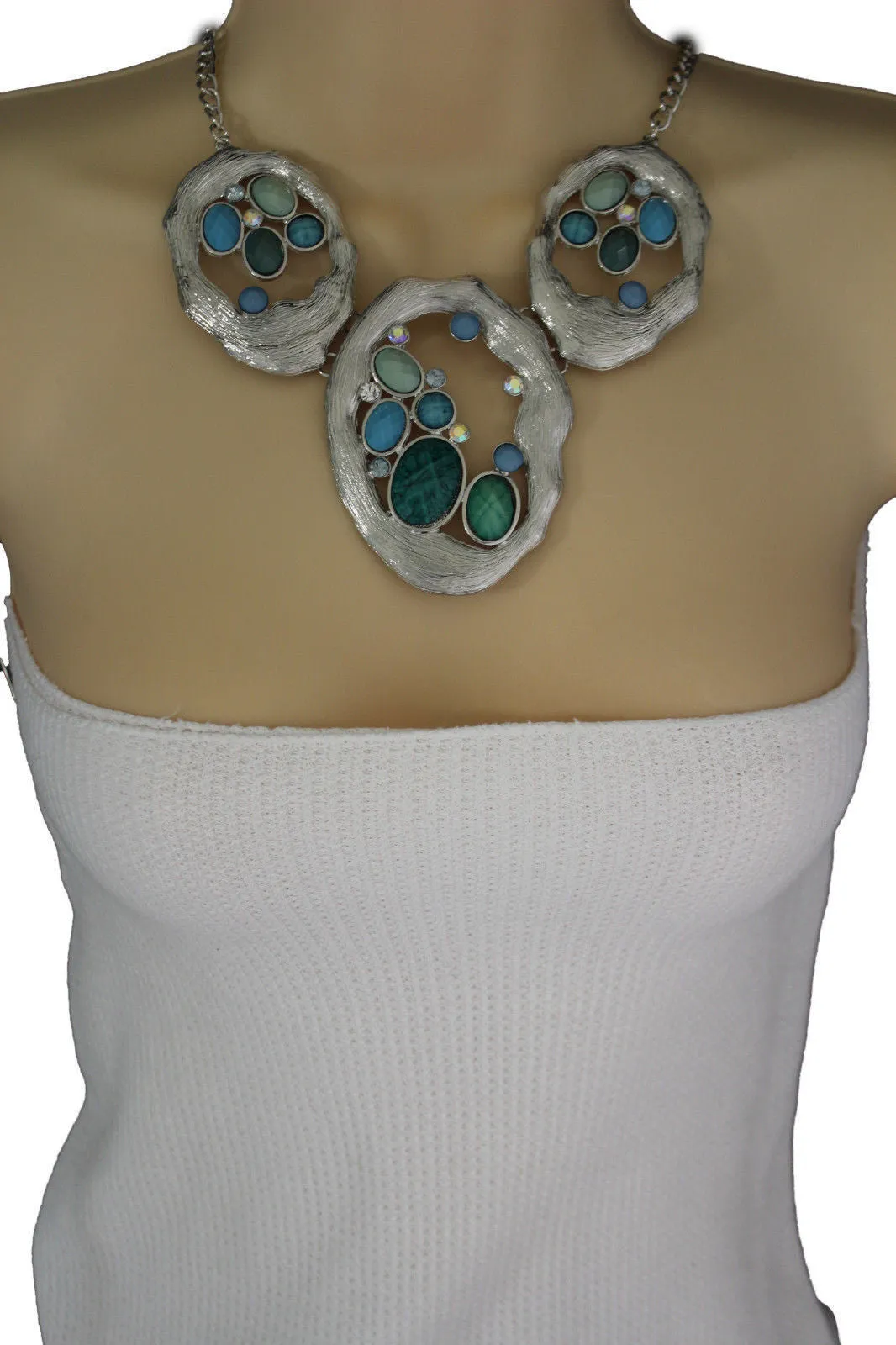 Silver Metal Chains Nautical Charms Turquoise Blue Beads Necklace Earrings Set