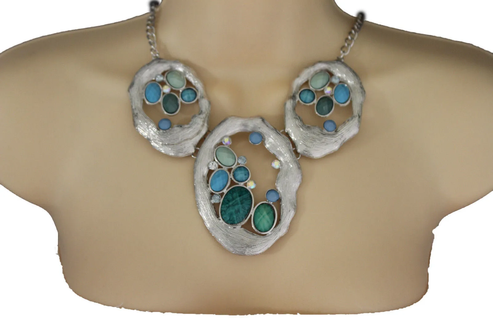Silver Metal Chains Nautical Charms Turquoise Blue Beads Necklace Earrings Set