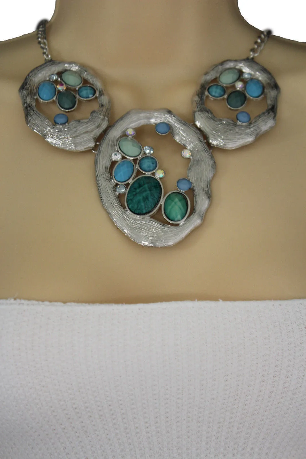 Silver Metal Chains Nautical Charms Turquoise Blue Beads Necklace Earrings Set