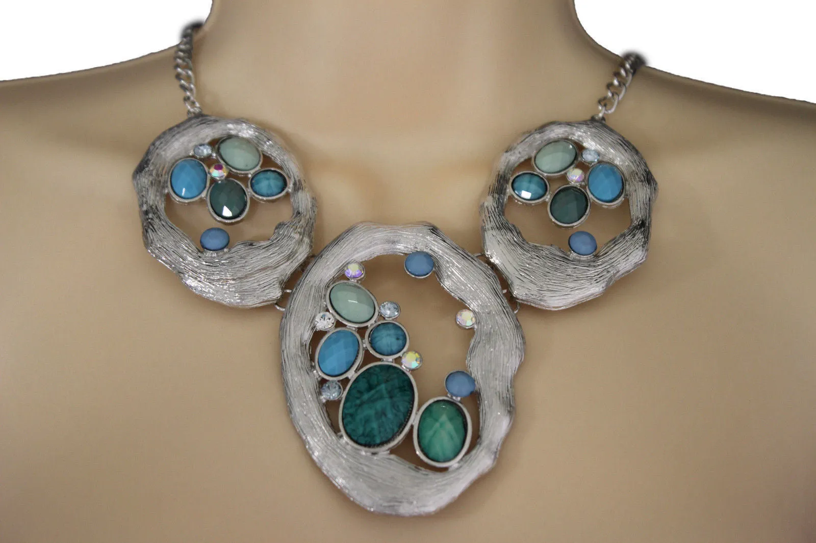 Silver Metal Chains Nautical Charms Turquoise Blue Beads Necklace Earrings Set