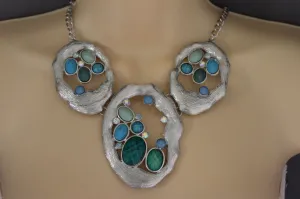 Silver Metal Chains Nautical Charms Turquoise Blue Beads Necklace Earrings Set