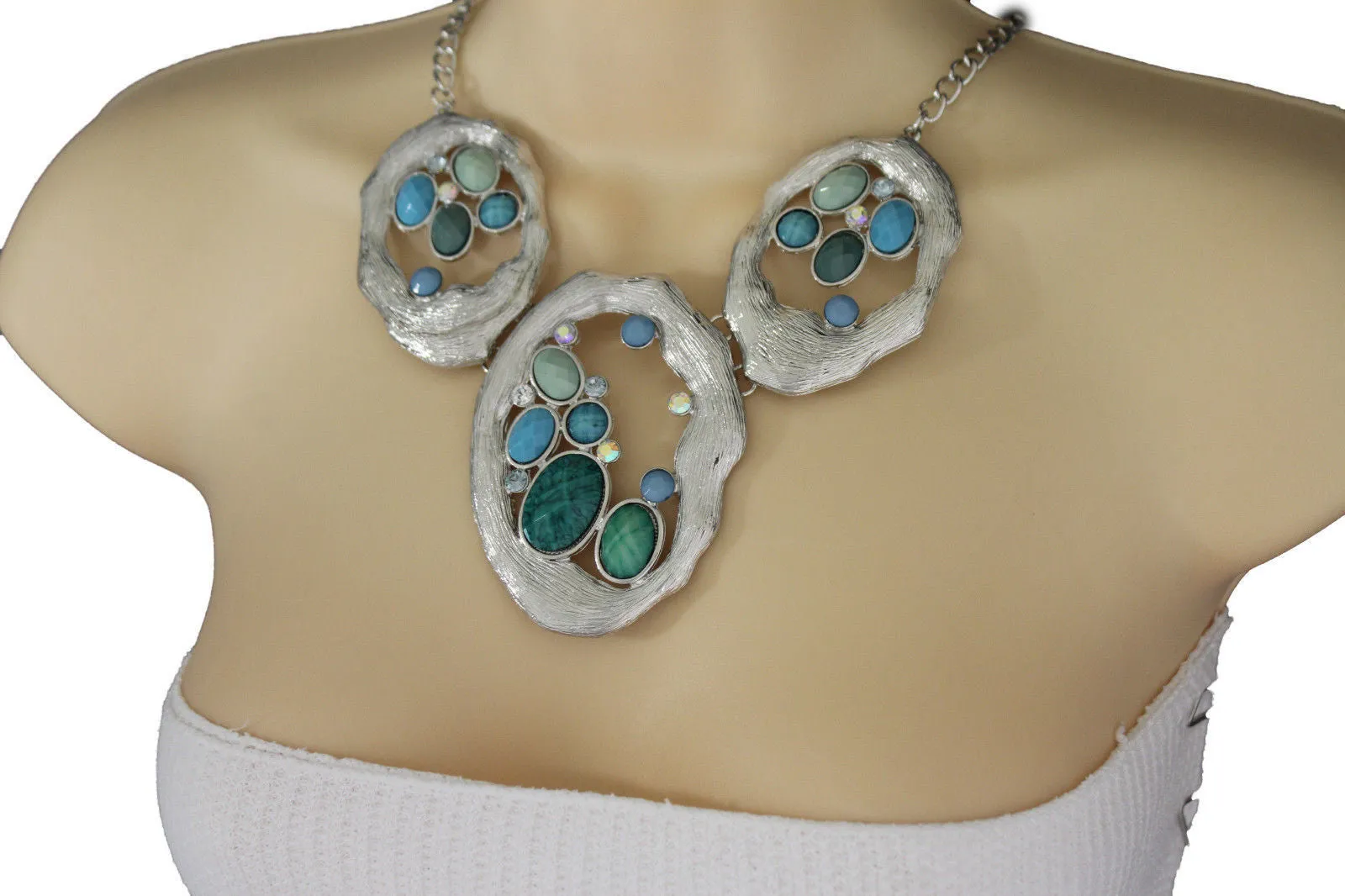 Silver Metal Chains Nautical Charms Turquoise Blue Beads Necklace Earrings Set