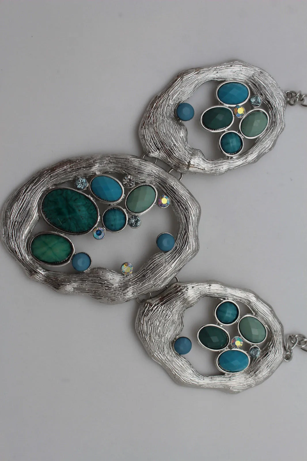 Silver Metal Chains Nautical Charms Turquoise Blue Beads Necklace Earrings Set