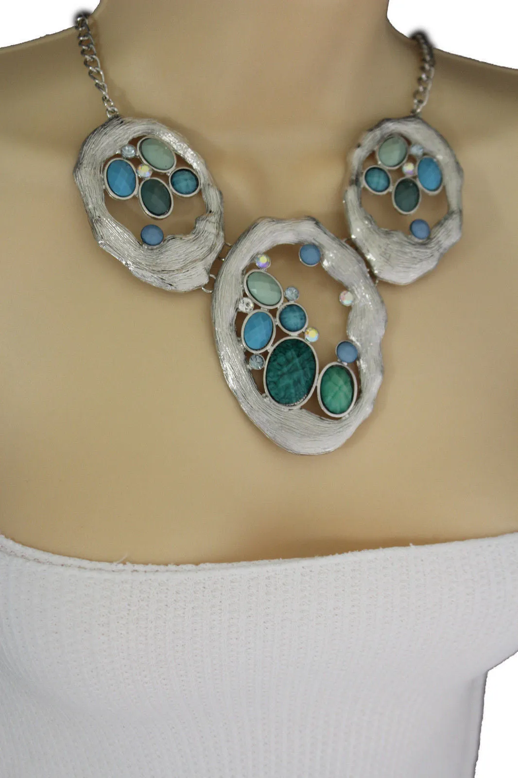 Silver Metal Chains Nautical Charms Turquoise Blue Beads Necklace Earrings Set