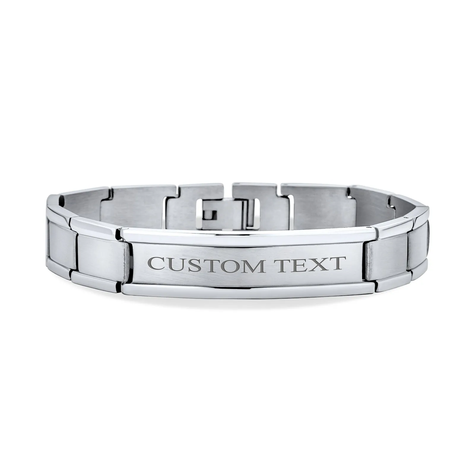 Silver Tone Stainless Steel ID Bracelet for Men with Name Tag 8 Inch Watchband