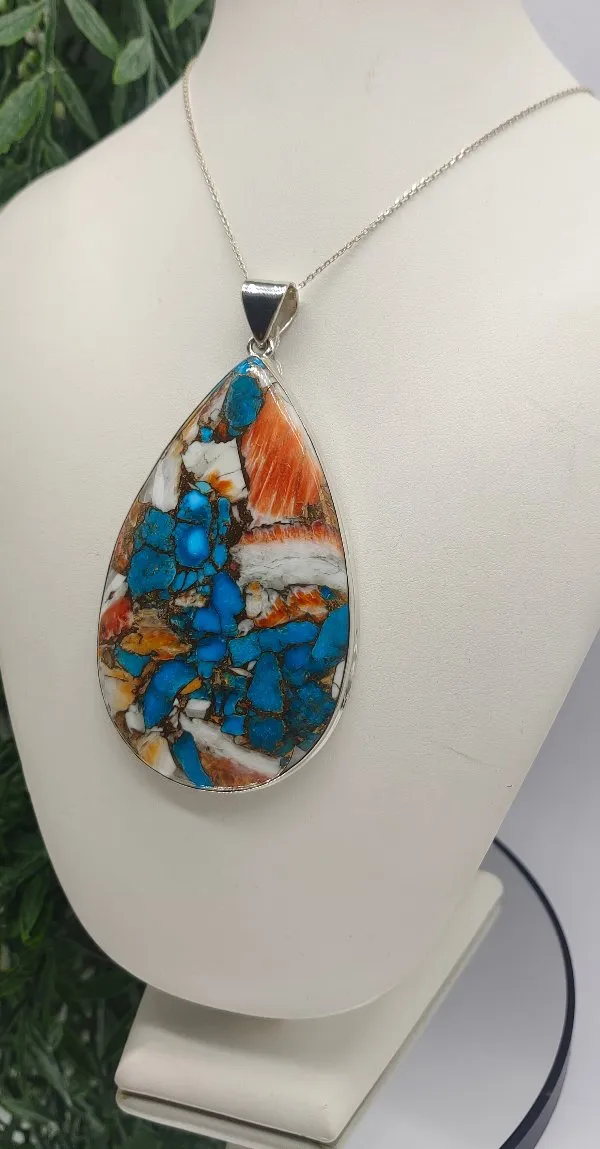 Spiny Oyster Arizona Turquoise 925 Sterling Silver Tear Drop Pendant