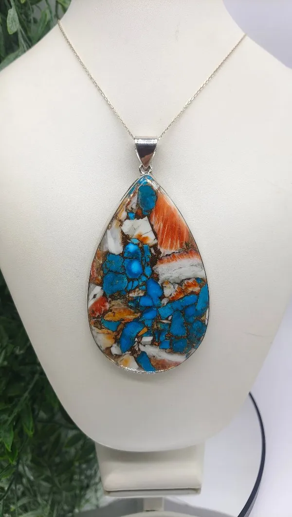 Spiny Oyster Arizona Turquoise 925 Sterling Silver Tear Drop Pendant