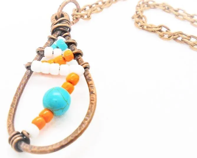 Sporty Copper  Handmade Pendant Necklace Beaded  and Wrapped - Sporty Colors