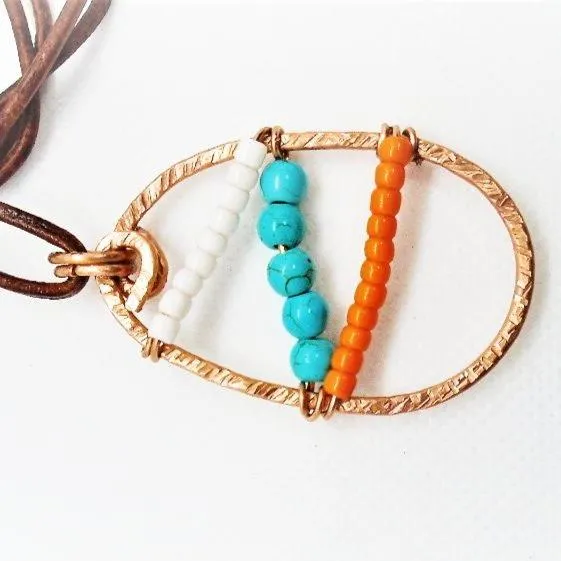 Sporty Copper  Handmade Pendant Necklace Beaded  and Wrapped - Sporty Colors