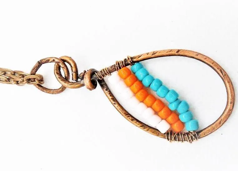 Sporty Copper  Handmade Pendant Necklace Beaded  and Wrapped - Sporty Colors