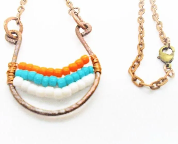 Sporty Copper  Handmade Pendant Necklace Beaded  and Wrapped - Sporty Colors