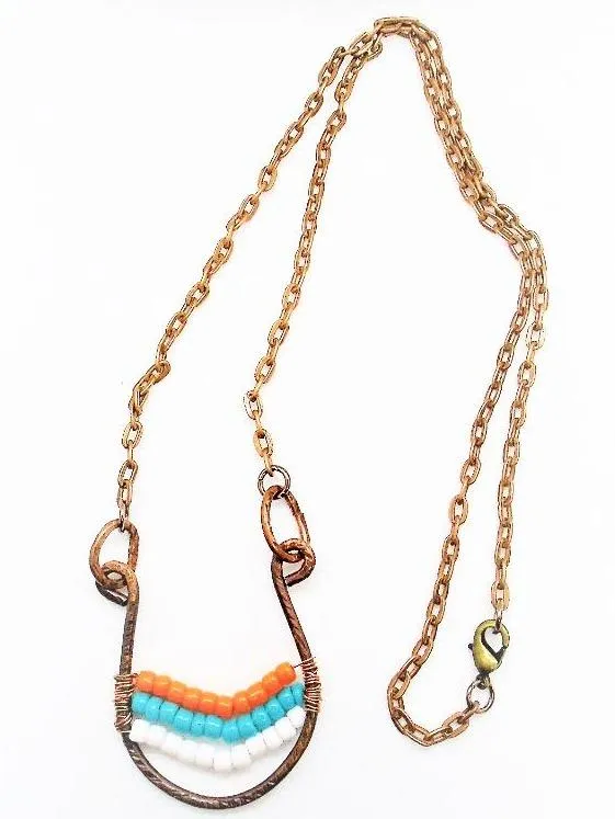 Sporty Copper  Handmade Pendant Necklace Beaded  and Wrapped - Sporty Colors