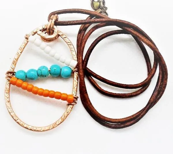 Sporty Copper  Handmade Pendant Necklace Beaded  and Wrapped - Sporty Colors
