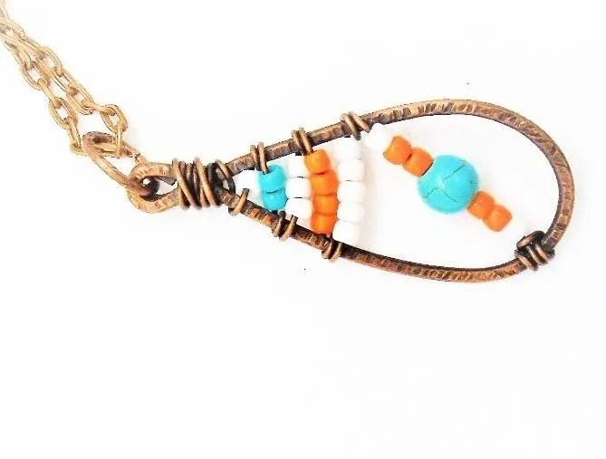 Sporty Copper  Handmade Pendant Necklace Beaded  and Wrapped - Sporty Colors