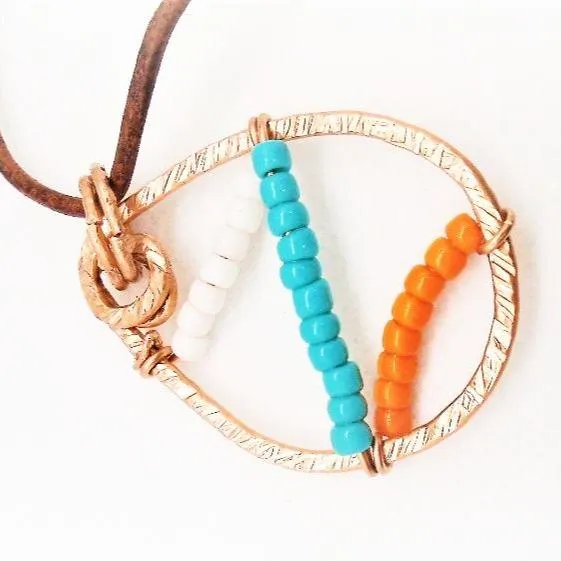 Sporty Copper  Handmade Pendant Necklace Beaded  and Wrapped - Sporty Colors