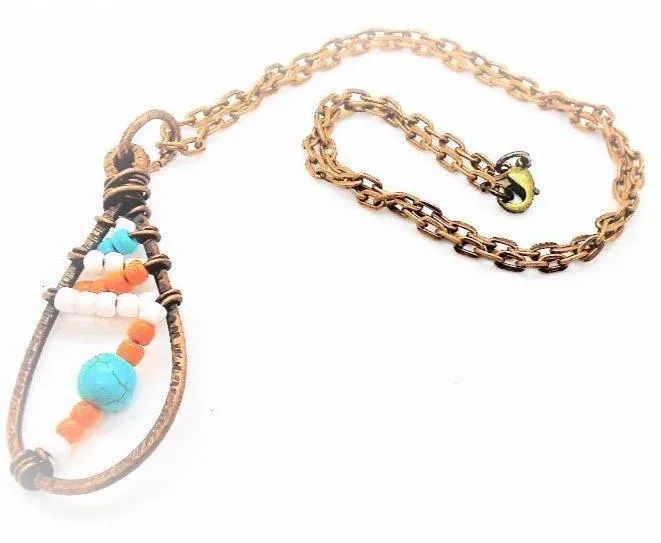 Sporty Copper  Handmade Pendant Necklace Beaded  and Wrapped - Sporty Colors