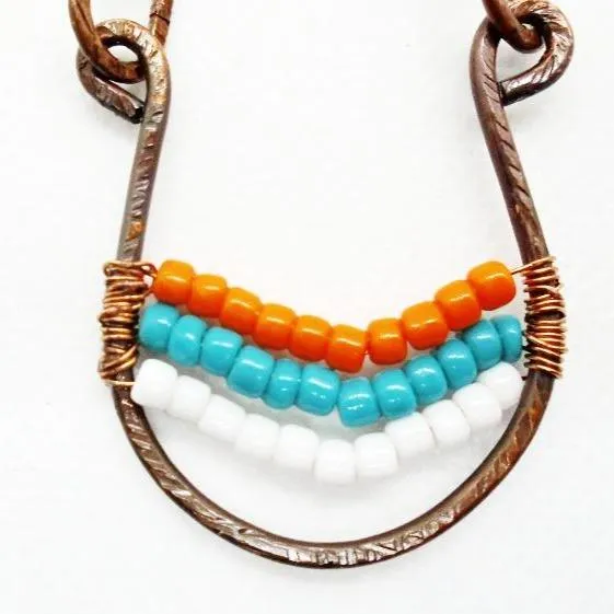 Sporty Copper  Handmade Pendant Necklace Beaded  and Wrapped - Sporty Colors