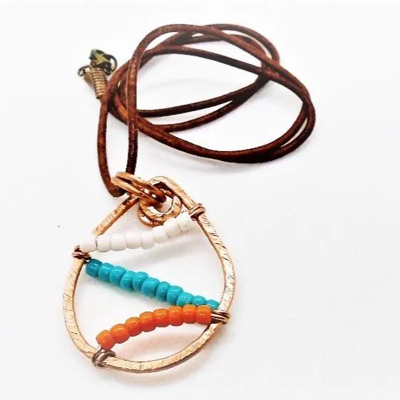 Sporty Copper  Handmade Pendant Necklace Beaded  and Wrapped - Sporty Colors