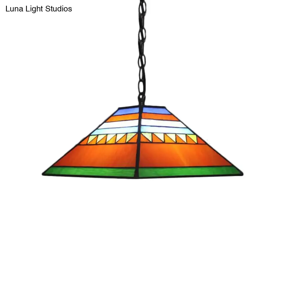 Stained Glass Pyramid Pendant Light - Tiffany-Style Hanging Lamp in a Vibrant Orange/Yellow Hue for Hallways