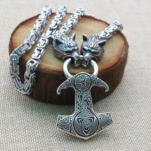 Stainless Steel Dual Wolves/ Odin Guardian Pendant Necklace
