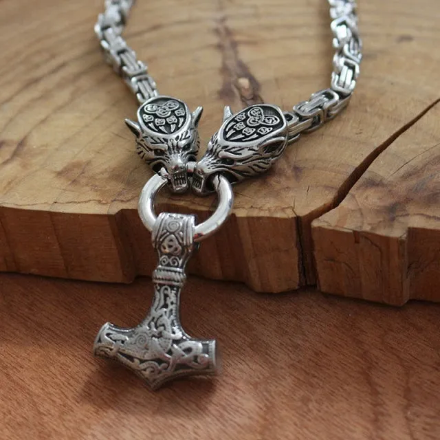Stainless Steel Dual Wolves/ Odin Guardian Pendant Necklace