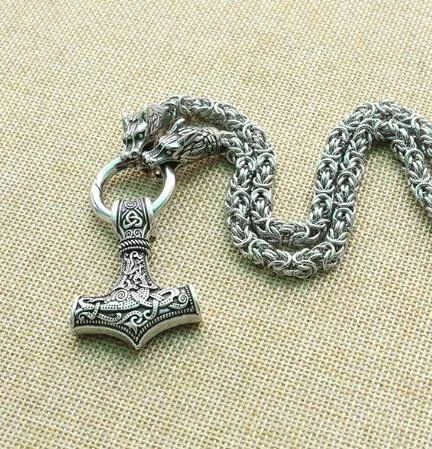 Stainless Steel Dual Wolves/ Odin Guardian Pendant Necklace