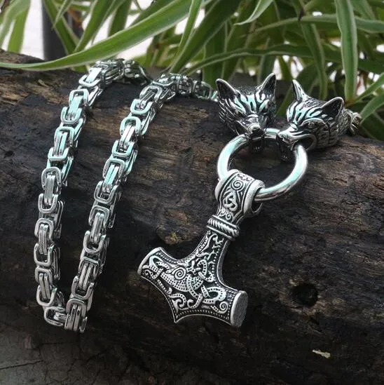 Stainless Steel Dual Wolves/ Odin Guardian Pendant Necklace