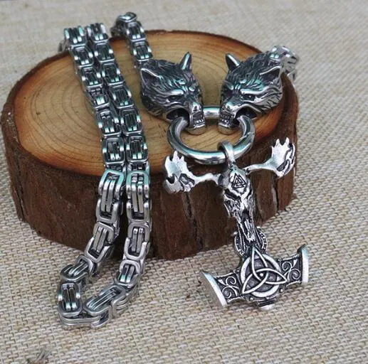 Stainless Steel Dual Wolves/ Odin Guardian Pendant Necklace