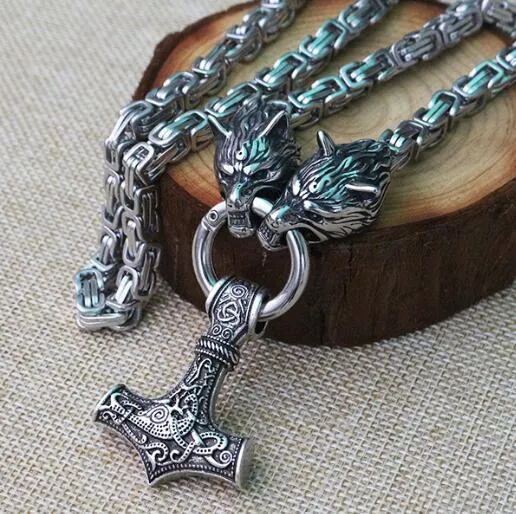 Stainless Steel Dual Wolves/ Odin Guardian Pendant Necklace