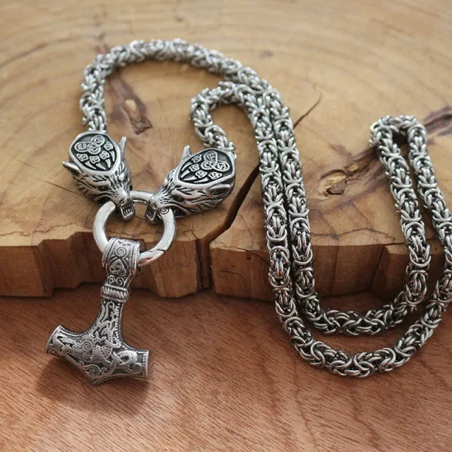 Stainless Steel Dual Wolves/ Odin Guardian Pendant Necklace