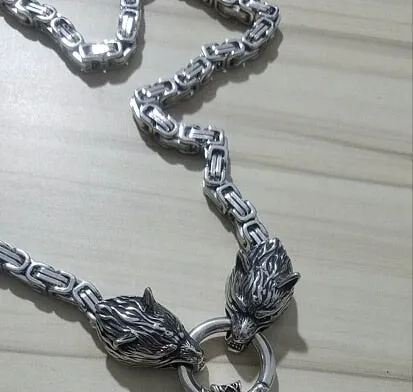 Stainless Steel Dual Wolves/ Odin Guardian Pendant Necklace