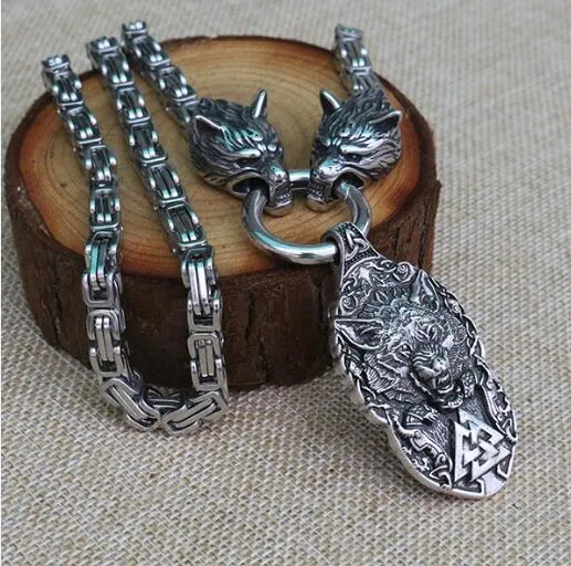 Stainless Steel Dual Wolves/ Odin Guardian Pendant Necklace
