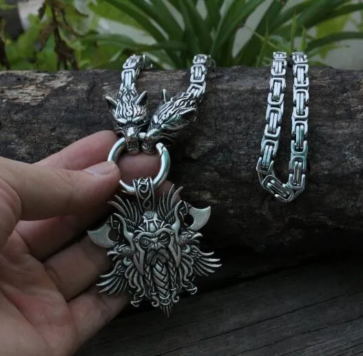 Stainless Steel Dual Wolves/ Odin Guardian Pendant Necklace