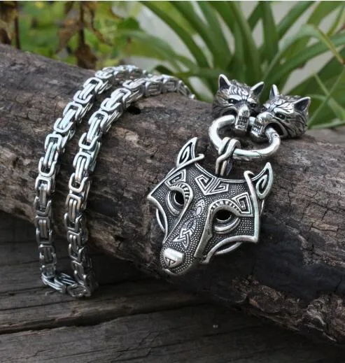 Stainless Steel Dual Wolves/ Odin Guardian Pendant Necklace
